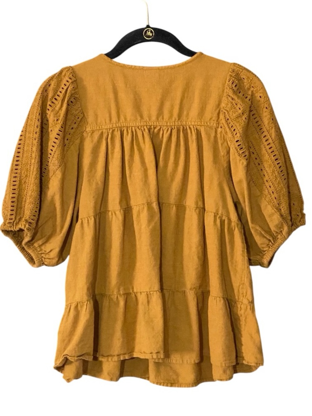 Old Navy Mustard Eyelet Lace Peasant Top M Puff Sleeve Tiered Romantic Boho - Picture 5 of 7